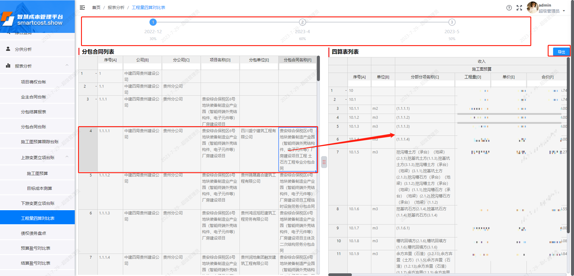 工程量四算对比表-分包联动