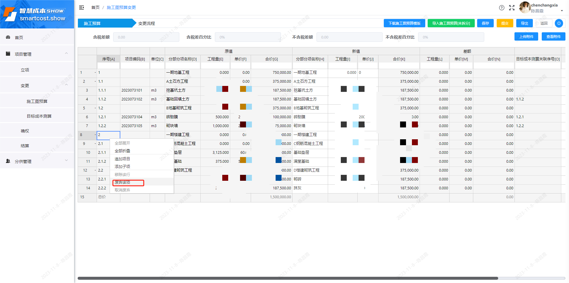 施工预算变更-废弃该项