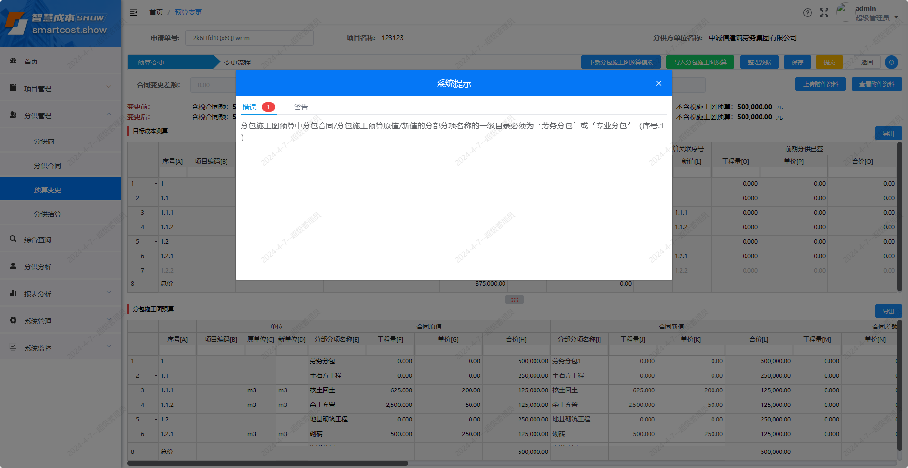 预算变更-错误提示